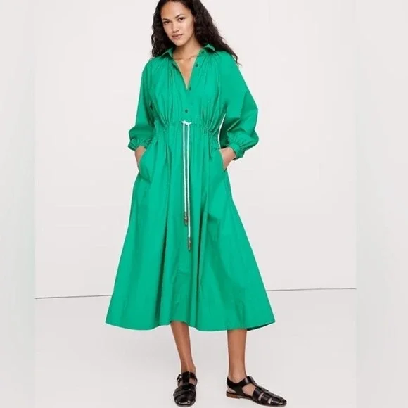 NWT Banana Republic Emerald Green Cotton Poplin Midi Shirt Dress Size XL XXL - Picture 1 of 10